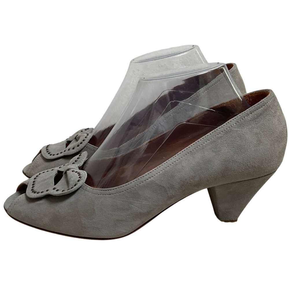 NW3 by Hobbs London Grey Suede Studded Bow Peep Toe Heels‎ Italy Size 8.5 Pumps